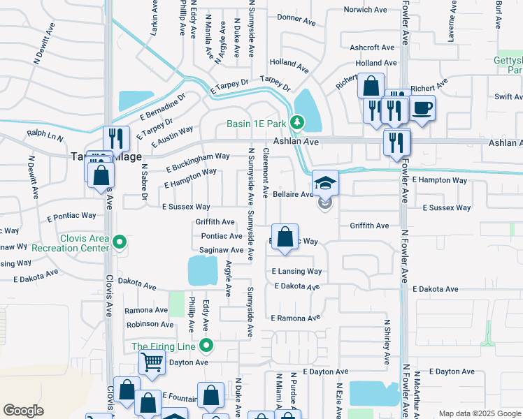 map of restaurants, bars, coffee shops, grocery stores, and more near 3394 Claremont Avenue in Clovis