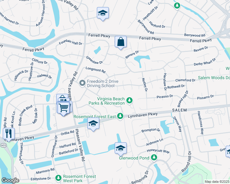 map of restaurants, bars, coffee shops, grocery stores, and more near 1609 Milldale Court in Virginia Beach