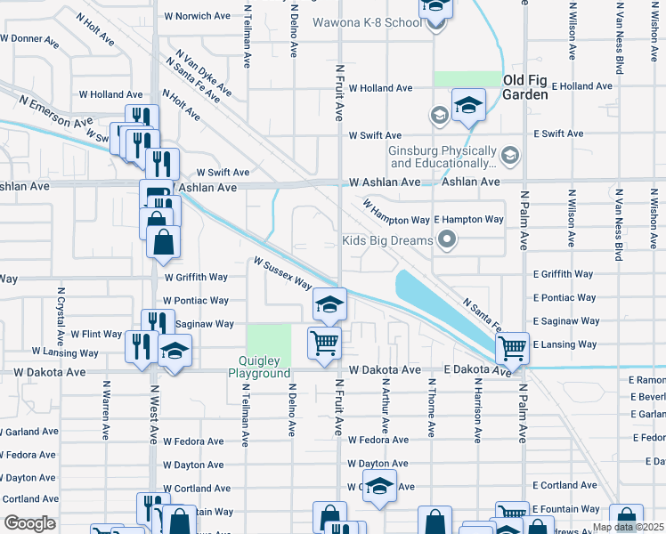 map of restaurants, bars, coffee shops, grocery stores, and more near 3991 North Fruit Avenue in Fresno