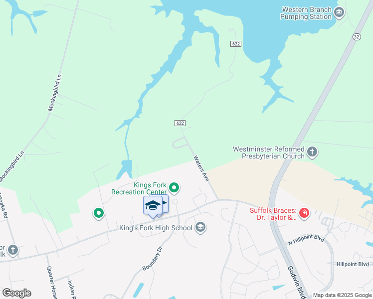 map of restaurants, bars, coffee shops, grocery stores, and more near 3409 Waters Avenue in Suffolk