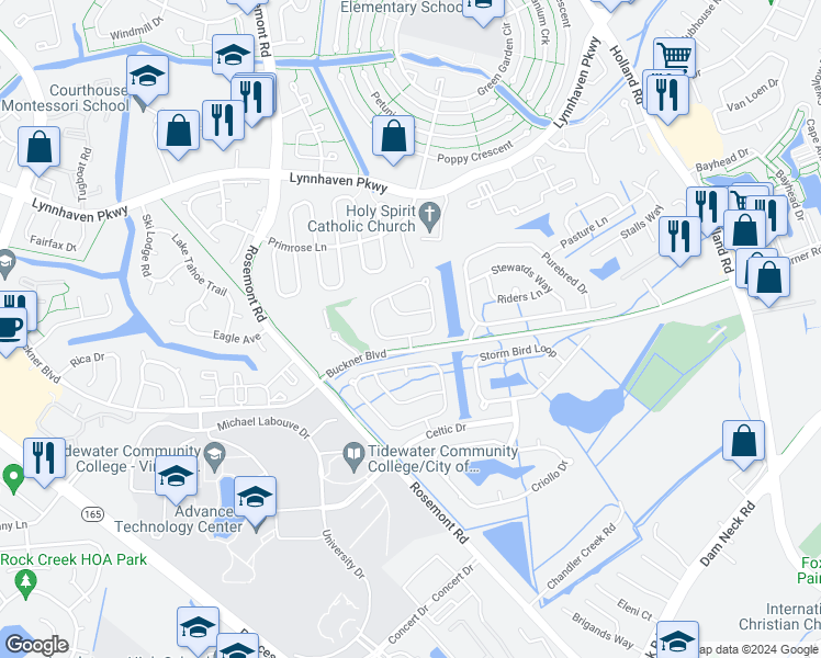 map of restaurants, bars, coffee shops, grocery stores, and more near 3696 Crofts Pride Drive in Virginia Beach