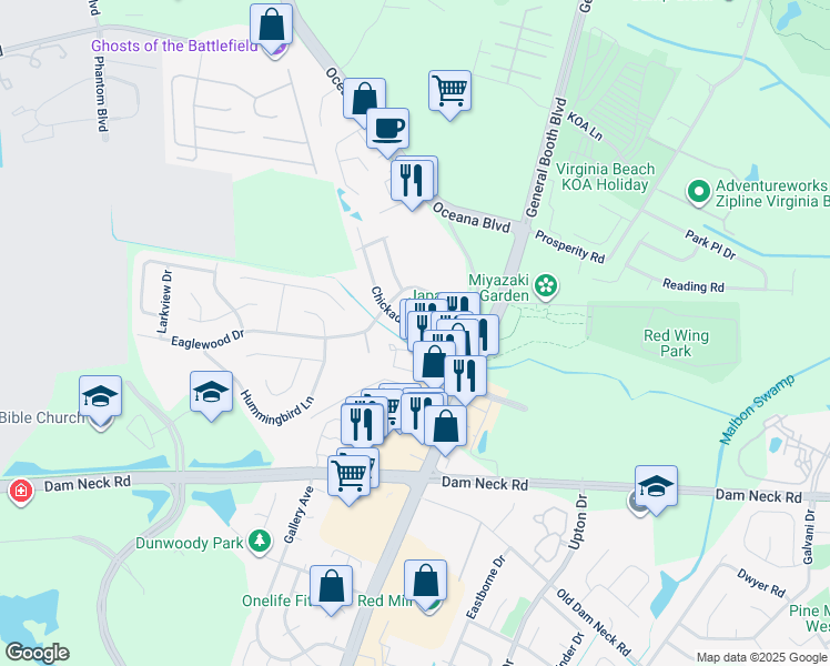 map of restaurants, bars, coffee shops, grocery stores, and more near 1313 Chickadee Lane in Virginia Beach
