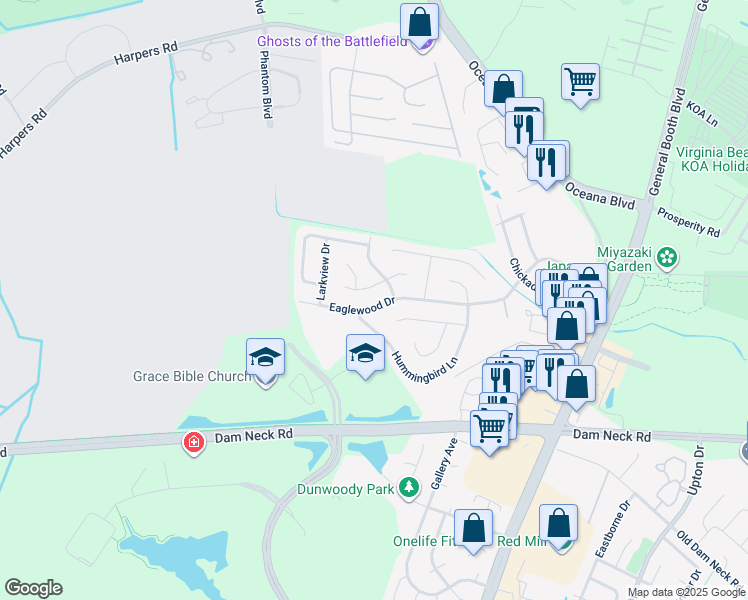map of restaurants, bars, coffee shops, grocery stores, and more near 1269 Eaglewood Drive in Virginia Beach