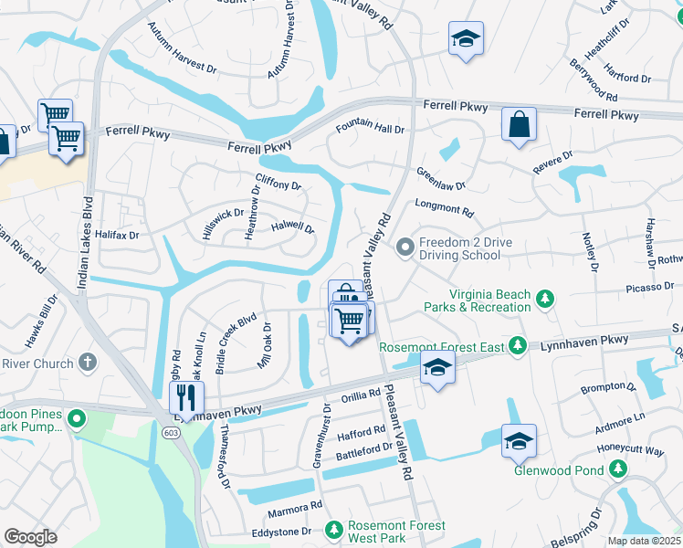 map of restaurants, bars, coffee shops, grocery stores, and more near 1452 Sangaree Circle in Virginia Beach