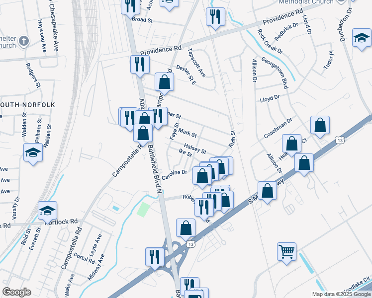 map of restaurants, bars, coffee shops, grocery stores, and more near 2716 Halsey Street in Chesapeake