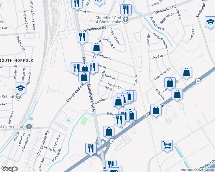 map of restaurants, bars, coffee shops, grocery stores, and more near 2716 Halsey Street in Chesapeake