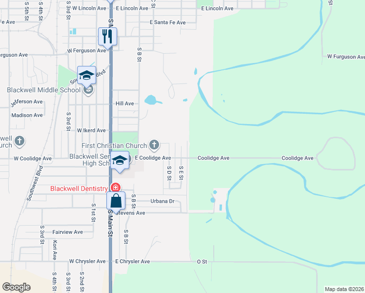 map of restaurants, bars, coffee shops, grocery stores, and more near 1304 South E Street in Blackwell