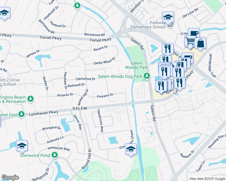 map of restaurants, bars, coffee shops, grocery stores, and more near 1405 Latuque Circle in Virginia Beach