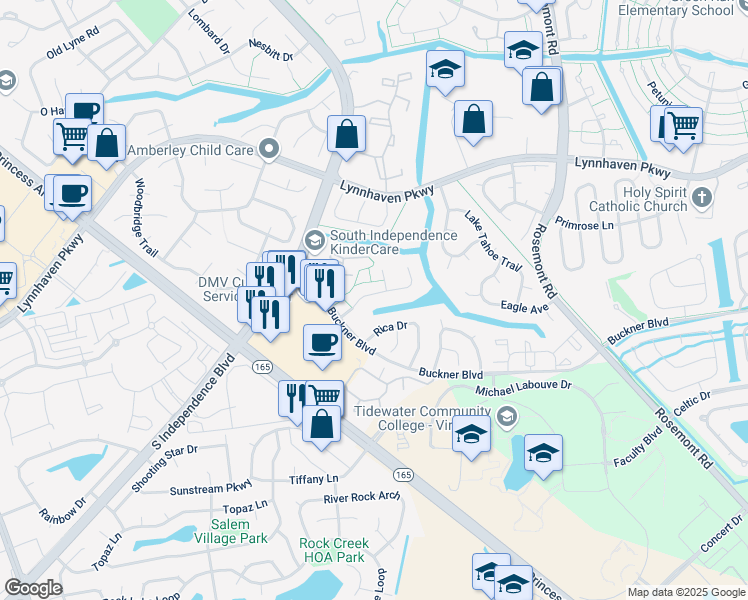 map of restaurants, bars, coffee shops, grocery stores, and more near 3879 Buchanan Drive in Virginia Beach