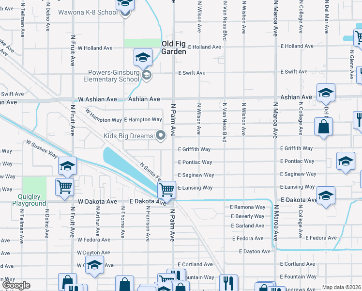 map of restaurants, bars, coffee shops, grocery stores, and more near 325 East Griffith Way in Fresno