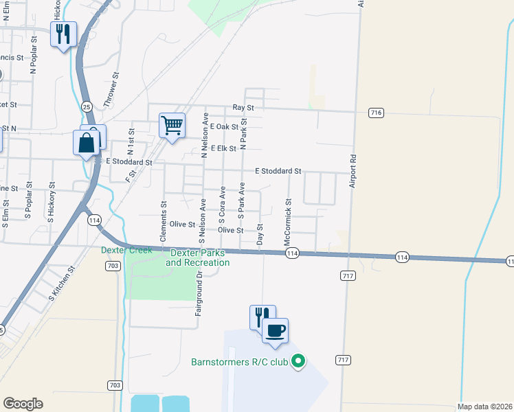 map of restaurants, bars, coffee shops, grocery stores, and more near 1405 Pine Street in Dexter