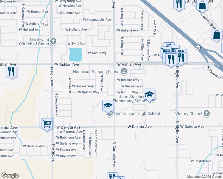 map of restaurants, bars, coffee shops, grocery stores, and more near 3765 North Cornelia Avenue in Fresno