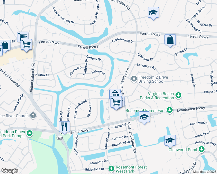 map of restaurants, bars, coffee shops, grocery stores, and more near 1433 Sangaree Circle in Virginia Beach
