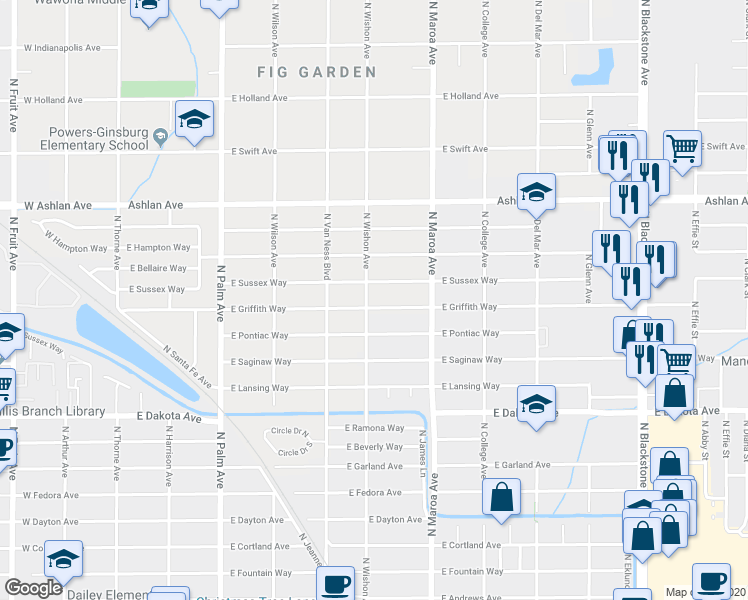 map of restaurants, bars, coffee shops, grocery stores, and more near 4012 North Wishon Avenue in Fresno