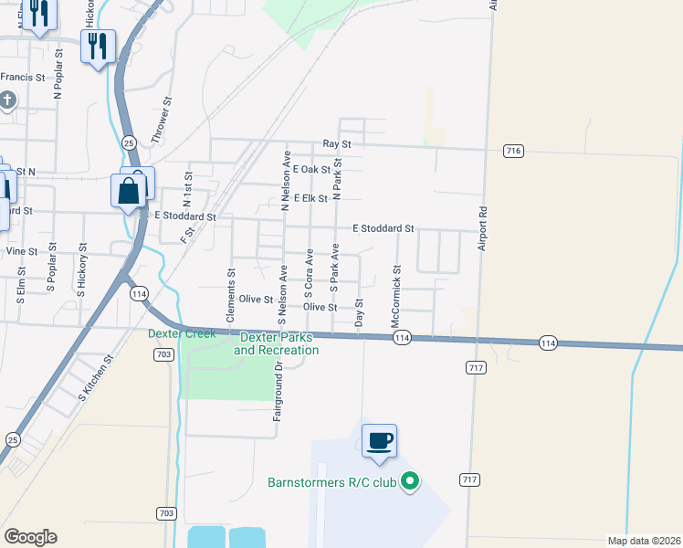 map of restaurants, bars, coffee shops, grocery stores, and more near 1405 Pine Street in Dexter