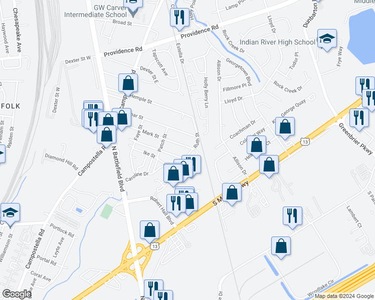 map of restaurants, bars, coffee shops, grocery stores, and more near 2822 Mark Street in Chesapeake