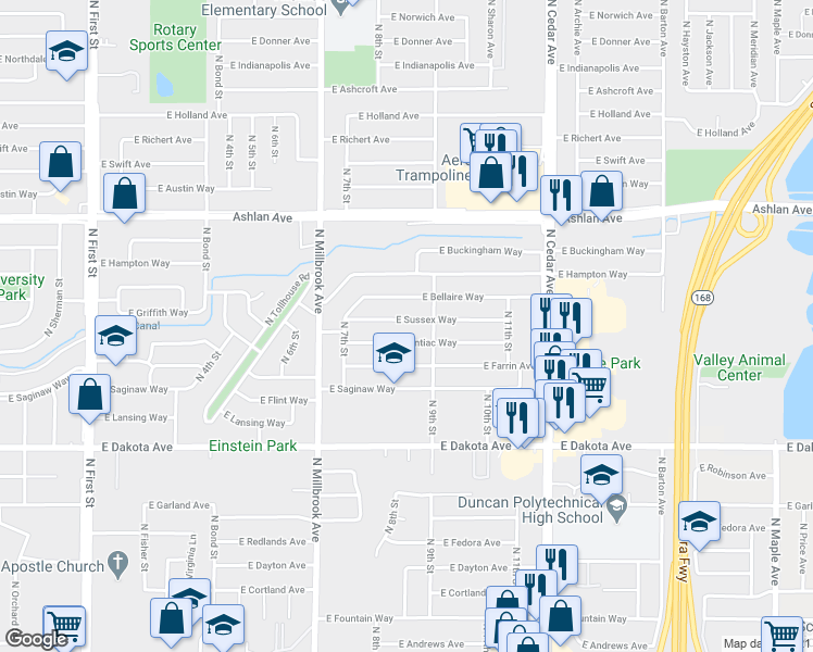 map of restaurants, bars, coffee shops, grocery stores, and more near 3854 East Sussex Way in Fresno