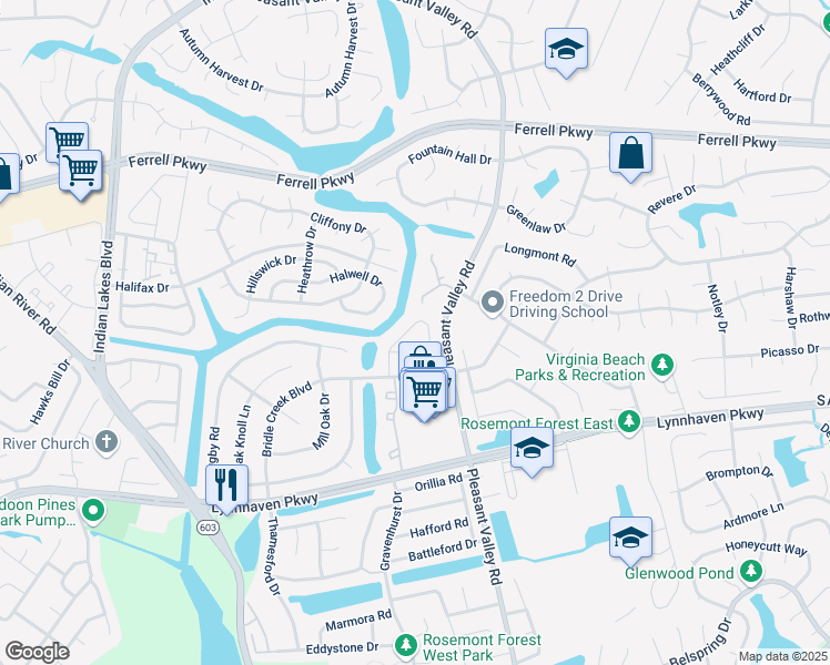 map of restaurants, bars, coffee shops, grocery stores, and more near 1452 Sangaree Circle in Virginia Beach