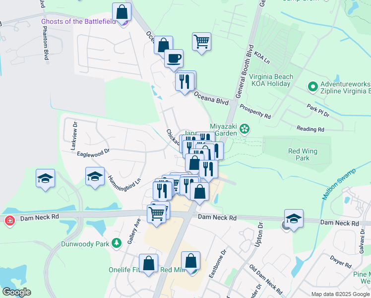 map of restaurants, bars, coffee shops, grocery stores, and more near 1313 Chickadee Lane in Virginia Beach