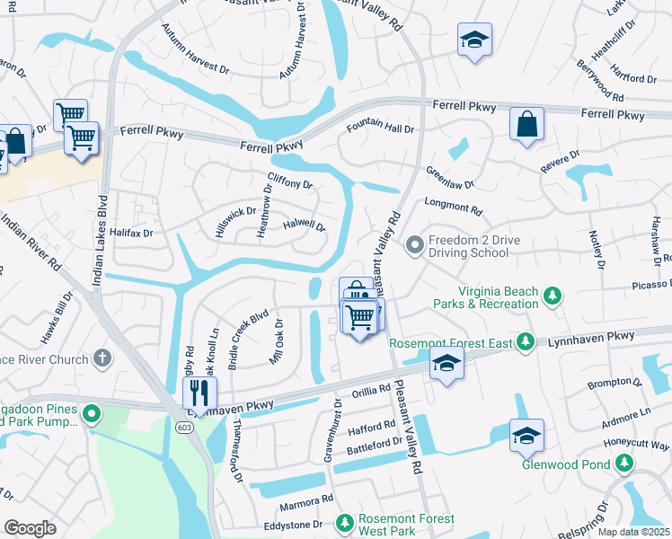 map of restaurants, bars, coffee shops, grocery stores, and more near 1433 Sangaree Circle in Virginia Beach