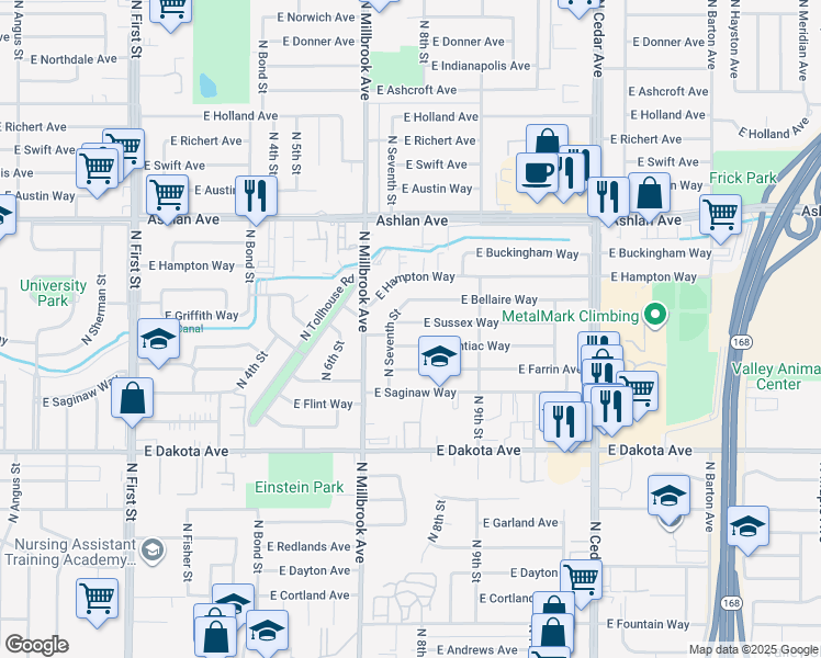 map of restaurants, bars, coffee shops, grocery stores, and more near 3782 East Sussex Way in Fresno