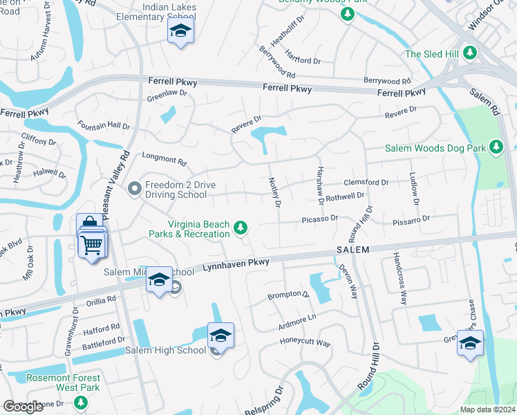 map of restaurants, bars, coffee shops, grocery stores, and more near 1613 Boxford Court in Virginia Beach