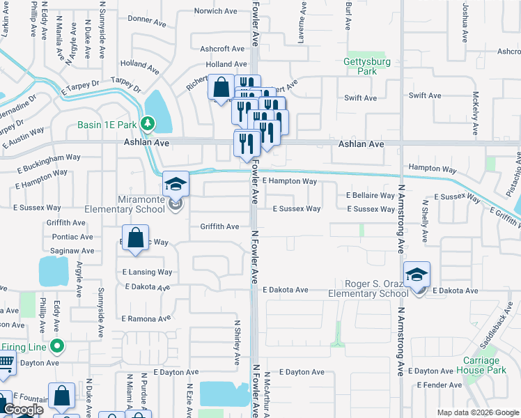 map of restaurants, bars, coffee shops, grocery stores, and more near 6002 East Sussex Way in Fresno