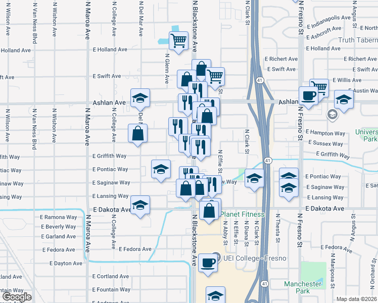 map of restaurants, bars, coffee shops, grocery stores, and more near 4005 North Blackstone Avenue in Fresno