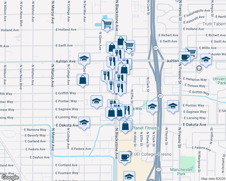 map of restaurants, bars, coffee shops, grocery stores, and more near 4005 North Blackstone Avenue in Fresno
