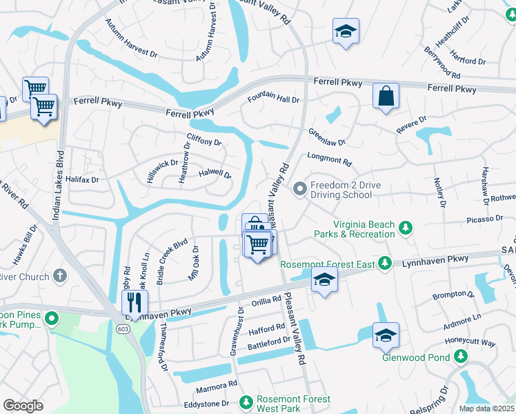 map of restaurants, bars, coffee shops, grocery stores, and more near 1452 Sangaree Circle in Virginia Beach
