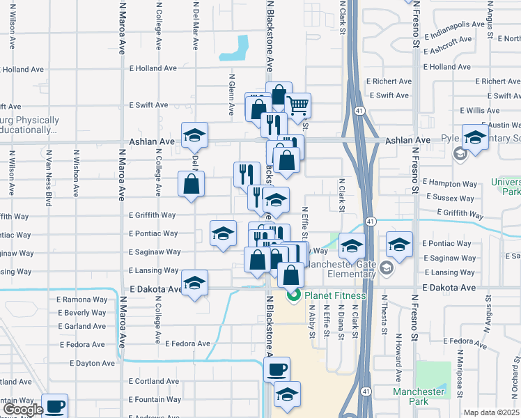 map of restaurants, bars, coffee shops, grocery stores, and more near 1606 East Griffith Way in Fresno