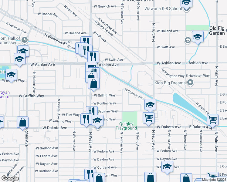 map of restaurants, bars, coffee shops, grocery stores, and more near 1050 West Griffith Way in Fresno