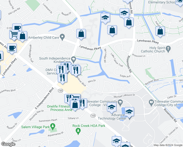 map of restaurants, bars, coffee shops, grocery stores, and more near 3861 Buchanan Drive in Virginia Beach