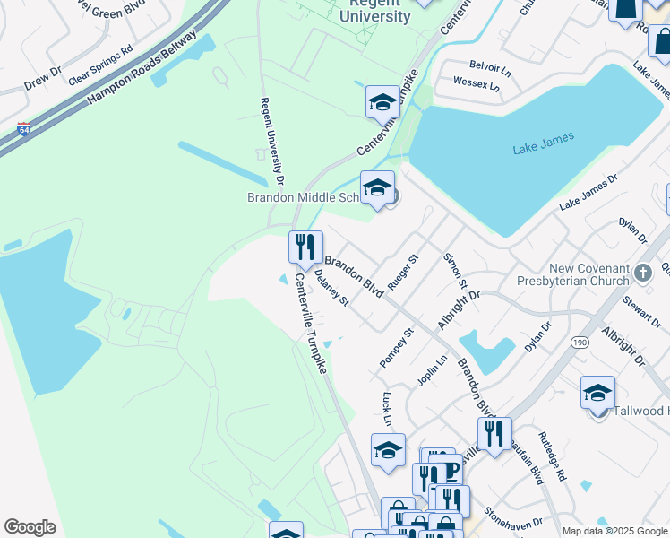 map of restaurants, bars, coffee shops, grocery stores, and more near 1875 Delaney Street in Virginia Beach