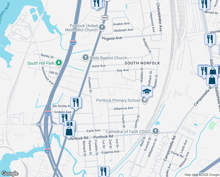 map of restaurants, bars, coffee shops, grocery stores, and more near 3304 Country Circle in Chesapeake