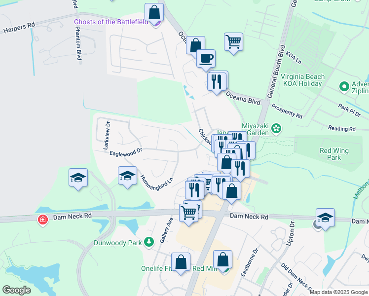 map of restaurants, bars, coffee shops, grocery stores, and more near 1217 Eaglewood Drive in Virginia Beach