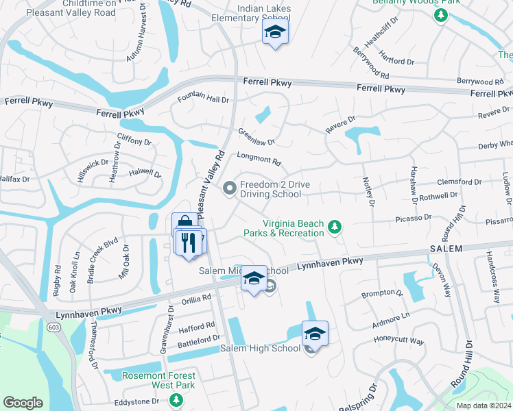 map of restaurants, bars, coffee shops, grocery stores, and more near 4813 Boxford Road in Virginia Beach