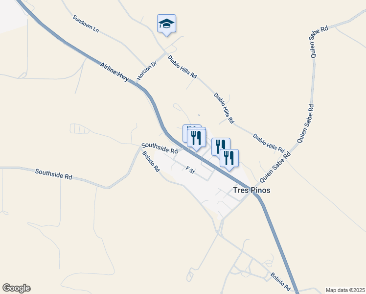 map of restaurants, bars, coffee shops, grocery stores, and more near 8527 Southside Rd in Hollister
