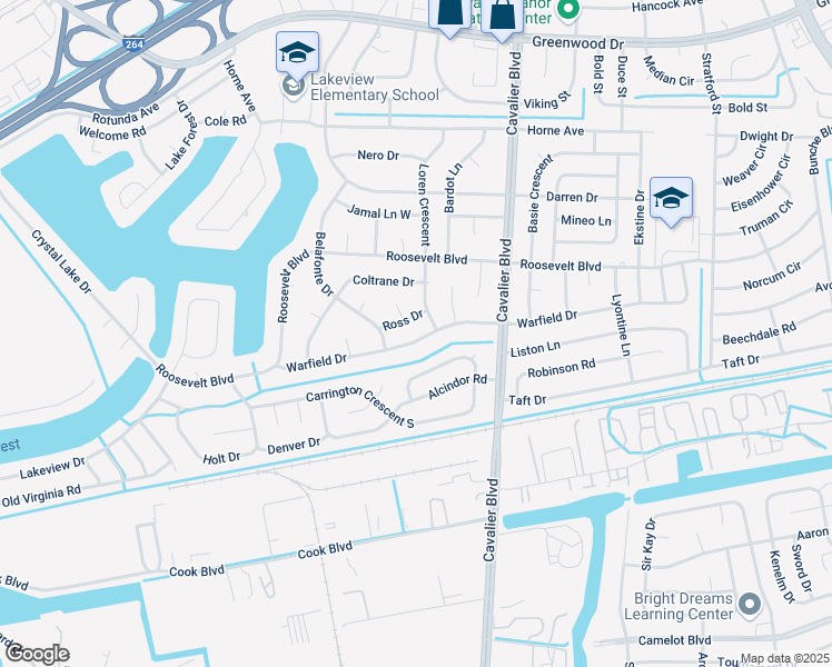map of restaurants, bars, coffee shops, grocery stores, and more near 1203 Warfield Drive in Portsmouth