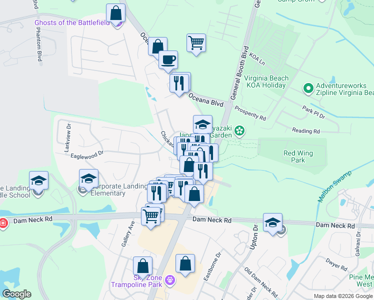 map of restaurants, bars, coffee shops, grocery stores, and more near 1313 Chickadee Lane in Virginia Beach