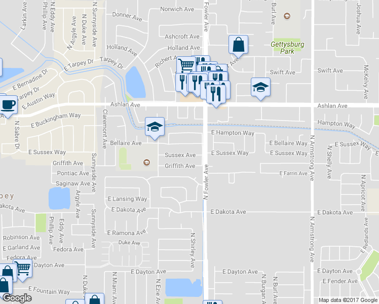 map of restaurants, bars, coffee shops, grocery stores, and more near 1749 Sussex Avenue in Clovis