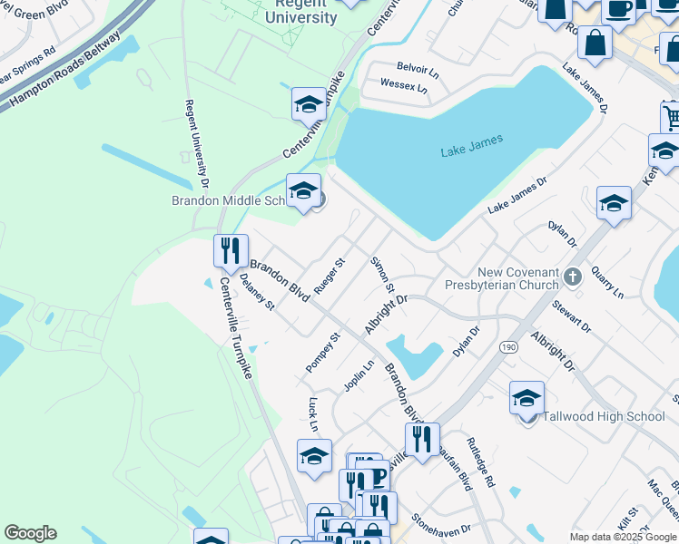 map of restaurants, bars, coffee shops, grocery stores, and more near 1718 Rueger Street in Virginia Beach