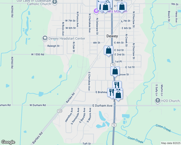 map of restaurants, bars, coffee shops, grocery stores, and more near 121 South Cherokee Avenue in Dewey