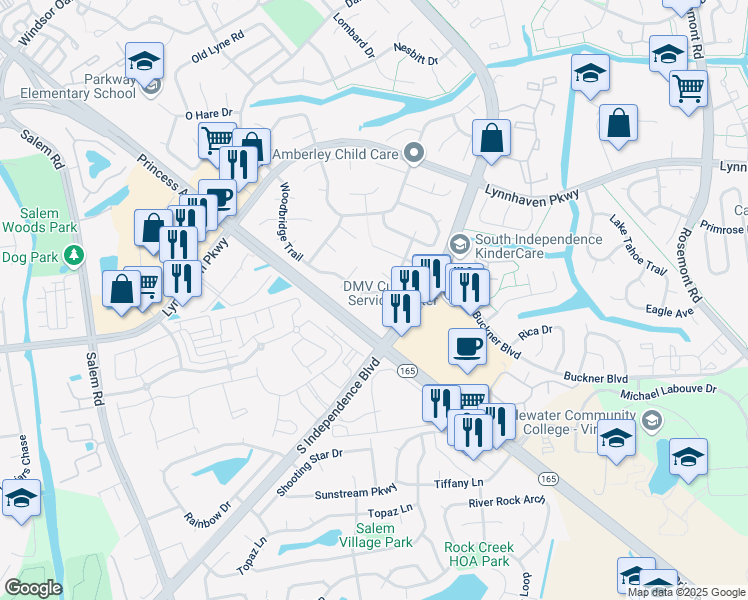 map of restaurants, bars, coffee shops, grocery stores, and more near 1436 Woodbridge Trail in Virginia Beach