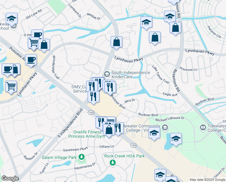 map of restaurants, bars, coffee shops, grocery stores, and more near 3511 Irvington Court in Virginia Beach