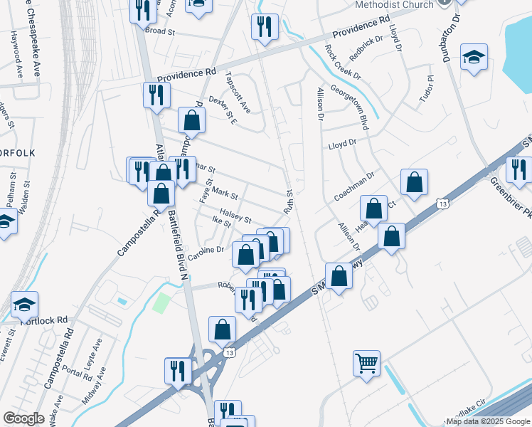 map of restaurants, bars, coffee shops, grocery stores, and more near 2822 Mark Street in Chesapeake