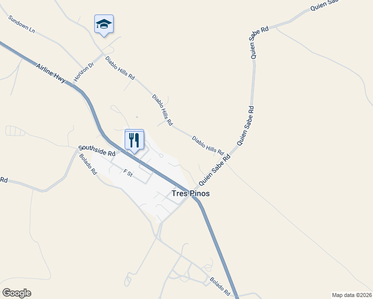map of restaurants, bars, coffee shops, grocery stores, and more near 7000 Diablo Hills Road in Tres Pinos