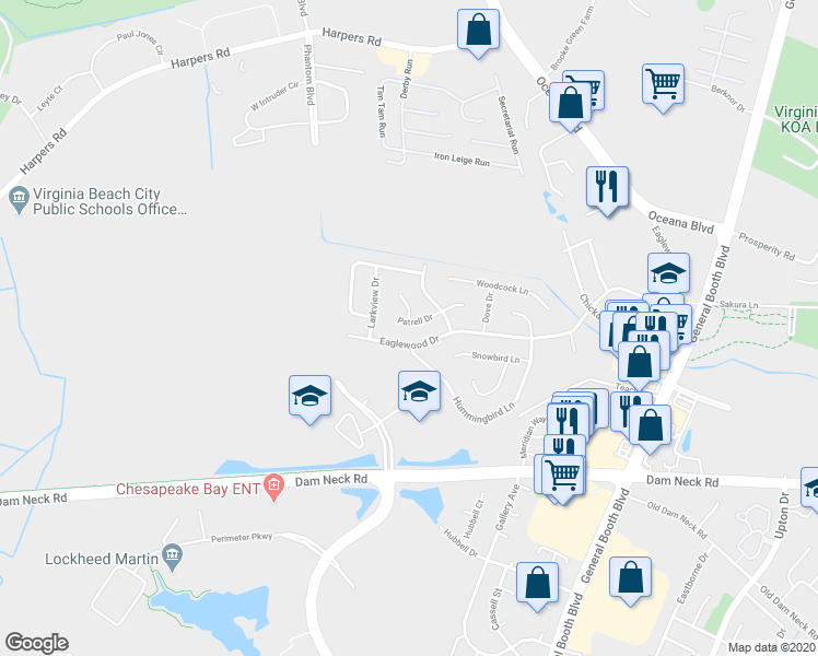 map of restaurants, bars, coffee shops, grocery stores, and more near 1317 Petrell Drive in Virginia Beach