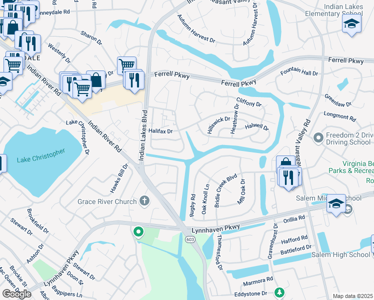 map of restaurants, bars, coffee shops, grocery stores, and more near 1542 Jameson Drive in Virginia Beach