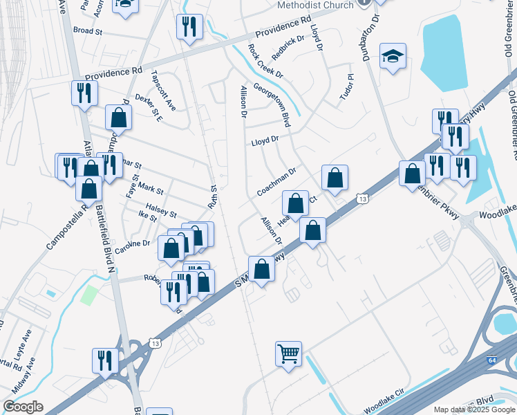 map of restaurants, bars, coffee shops, grocery stores, and more near 2059 Allison Drive in Chesapeake